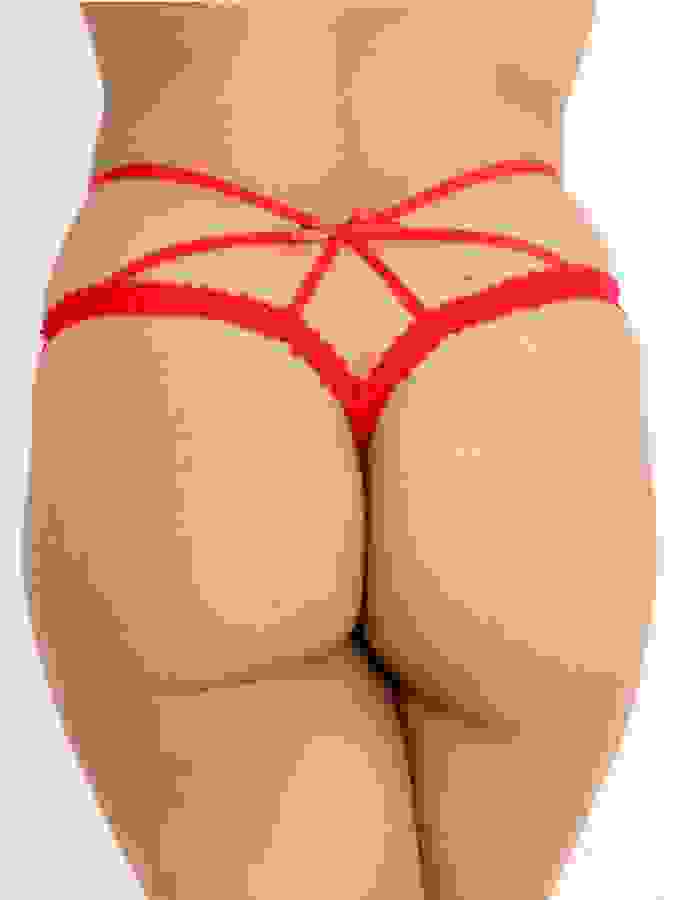 Lovehoney Red Crotchless Strappy Lace Thong, Red, hi-res